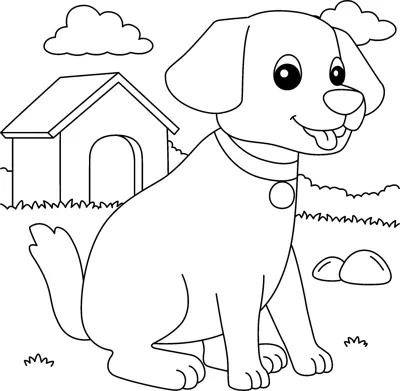 A puppy with floppy ears and a collar sits in a yard beside a dog house.