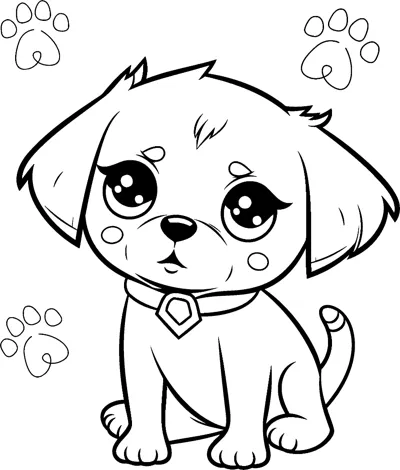 A floppy-eared puppy wearing a collar with a tag sits between paw prints above a name line.