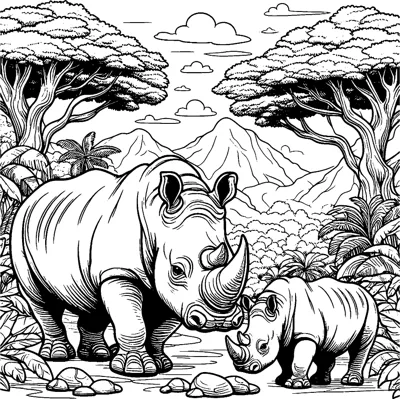 A rhino and its calf stand among trees and bushes with mountains in the distance.