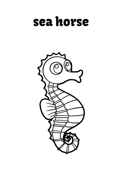 A seahorse with ridged body segments and a spiral tail stands under the words sea horse.