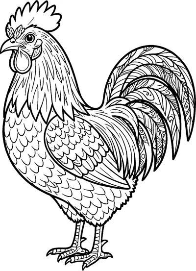 A detailed side view of a rooster with a tall comb, scaled chest feathers and long patterned tail feathers.