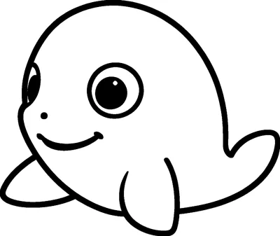 A plump baby shark with one huge round eye, a small smile and two little fins floats on the page.