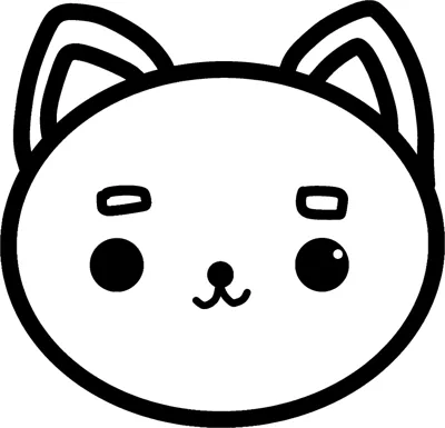 A large round cat face with pointed ears, small eyes and raised brows fills the page inside a thin frame.