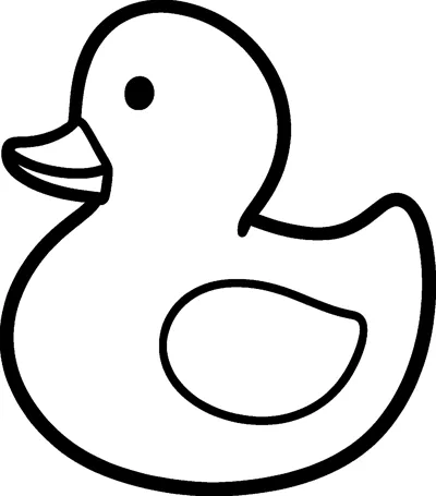 A simple rubber duck bath toy with a round head, a flat beak, a single dot eye and a big wing on its side.