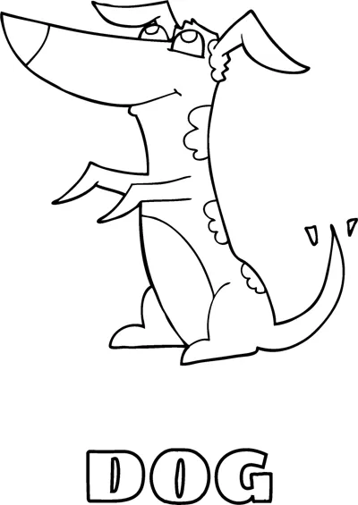 A scruffy cartoon dog sits with its ears raised and tail out above the word Dog.