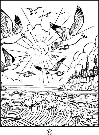 Seagulls fly above crashing waves with a castle on cliffs and a rising sun behind.