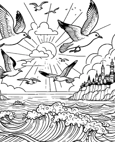 Seagulls fly above crashing waves with a castle on cliffs and a rising sun behind.