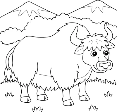 A shaggy yak with curved horns stands in a field with mountains behind it.