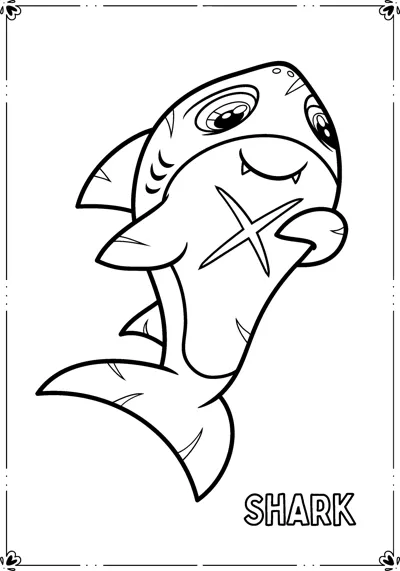 A grinning shark holds a starfish in its fins inside a decorative frame.