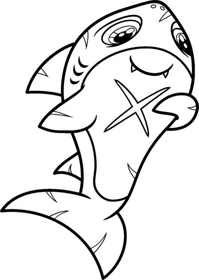 A grinning shark holds a starfish in its fins inside a decorative frame.