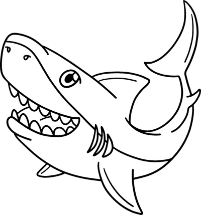 A cartoon shark with open jaws full of teeth swims to the left.