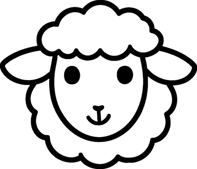 A friendly sheep face with a curly woolly tuft on top, two wide ears and a fluffy wool collar around its head.