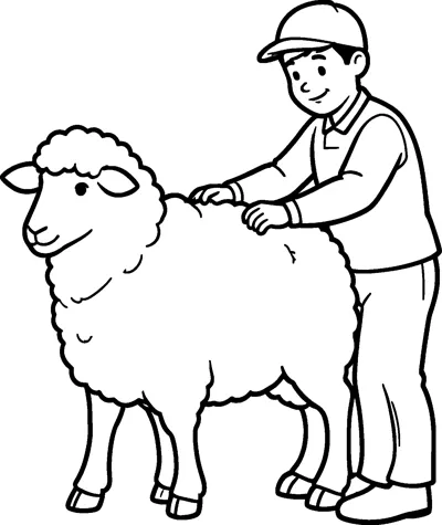 A woolly sheep stands calmly while a smiling farmer in a cap leans over and rests his hands on its back.