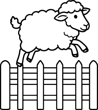 A fluffy sheep with a woolly coat leaps through the air over a white picket fence, its legs stretched out.
