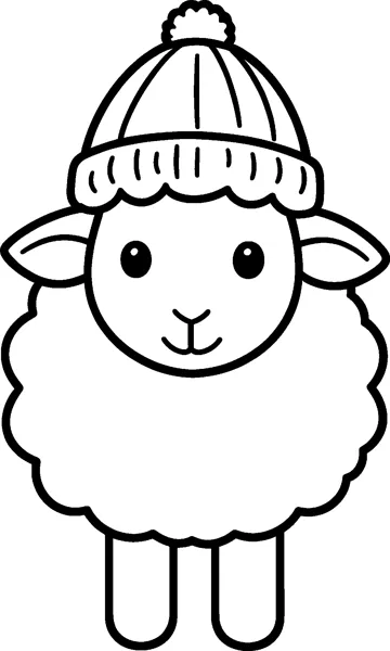 A cheerful sheep standing upright in a knitted bobble hat with a ribbed brim, with a fluffy wool body and two legs.