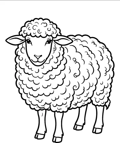 A detailed standing sheep with a long face and ears, its whole body covered in layers of curly, patterned wool.