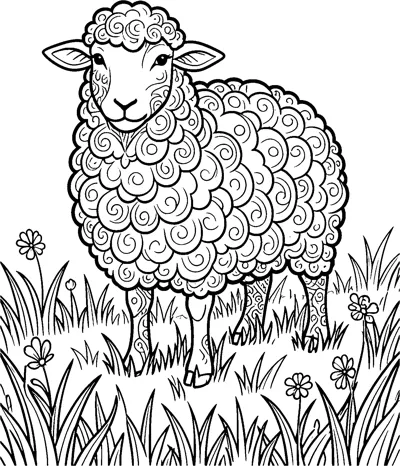 A zentangle sheep with swirling spiral patterns in its wool stands in a meadow of tall grass and small flowers.