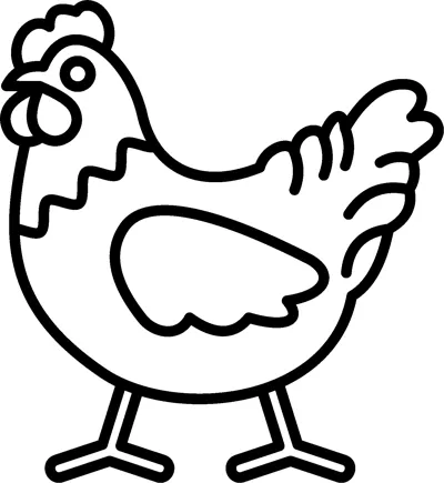 A hen with a comb, wattle and folded wing stands sideways on two thick legs.