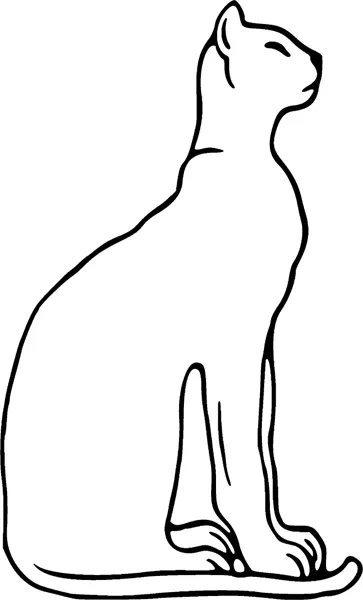 A sleek cat sits upright in profile with a long tail, drawn as a single outline inside a thin frame.