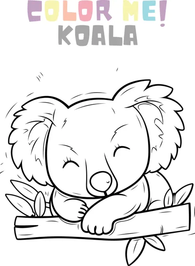 A koala with closed eyes hugs a tree branch with a few leaves around it.