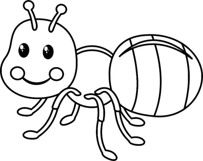 A cartoon ant with big eyes and a striped abdomen walks sideways under the word Ant.