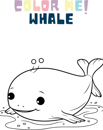 A smiling whale with big eyes lies on calm water with small bubbles above its head.