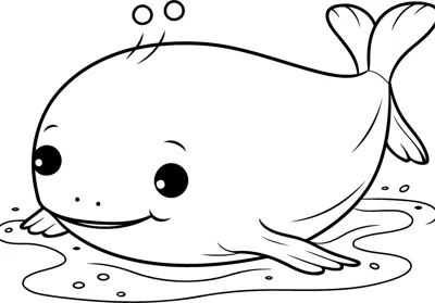 A smiling whale with big eyes lies on calm water with small bubbles above its head.