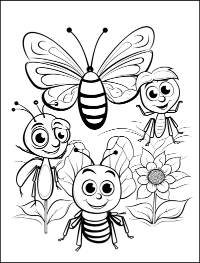 A big butterfly, a smiling bee and two cartoon bugs stand among garden flowers.