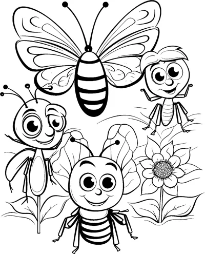 A big butterfly, a smiling bee and two cartoon bugs stand among garden flowers.