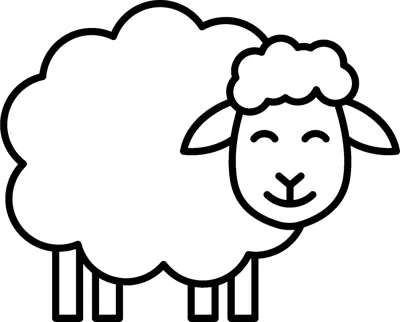 A sheep with a cloud-shaped woolly body and a smiling face stands on four straight legs.