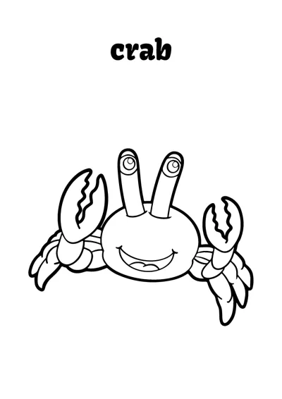 A cartoon crab with raised eye stalks and open claws smiles under the word crab.