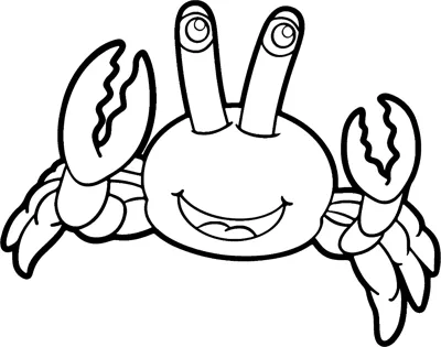 A cartoon crab with raised eye stalks and open claws smiles under the word crab.