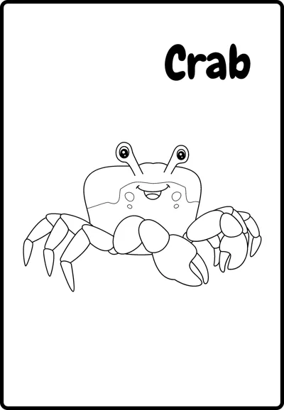 A smiling crab with two raised claws and spread legs, labelled Crab, inside a rounded frame.
