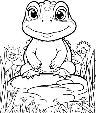 A grinning frog with big eyes sits on a rock surrounded by grass and flowers.
