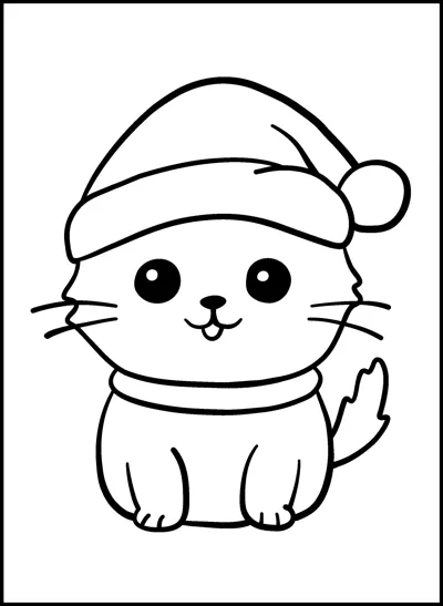 A round kitten with a happy face wears a floppy holiday hat and a collar.