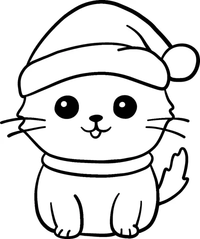 A round kitten with a happy face wears a floppy holiday hat and a collar.