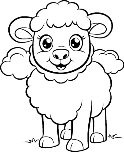 A smiling cartoon lamb with a cloud-shaped woolly coat stands facing forward on grass.