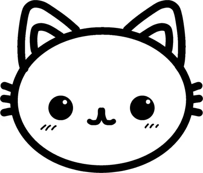 A big round cat face with pointed ears, blush marks and whiskers fills the page inside a thin frame.