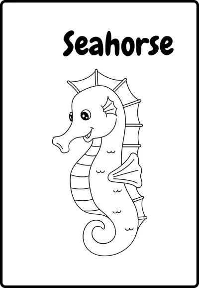 A smiling seahorse with a ridged back and curled tail faces left, labelled Seahorse, inside a rounded frame.