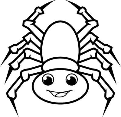A smiling spider with eight bent legs and a round body faces forward under the word Spider.