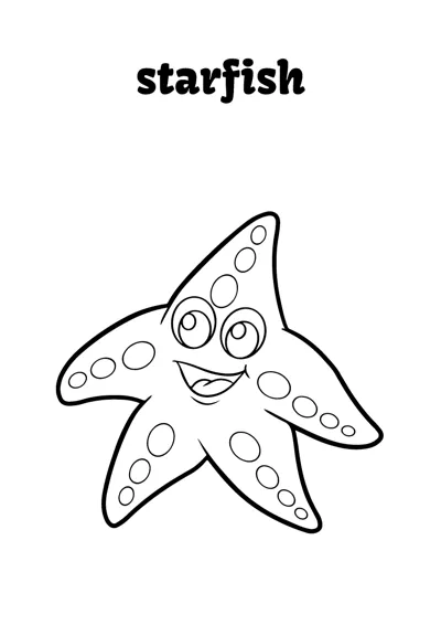 A smiling starfish with dotted arms and big eyes sits under the word starfish.