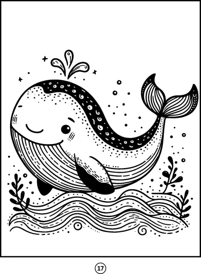 A smiling whale with striped belly spouts water while floating above decorative waves.