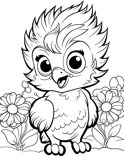 A chick with a wild spiky crest and open beak stands between tall sunflowers.