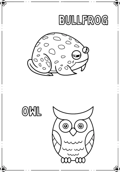A spotted bullfrog and a small owl sit inside a frame with their names printed nearby.