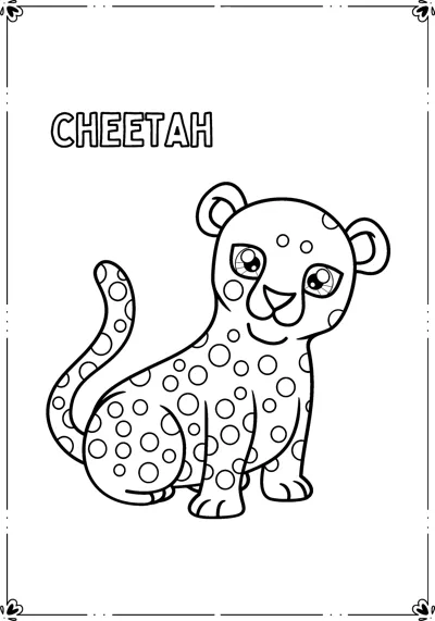 A spotted cheetah cub sits with its tail curled, inside a frame with its name printed above.