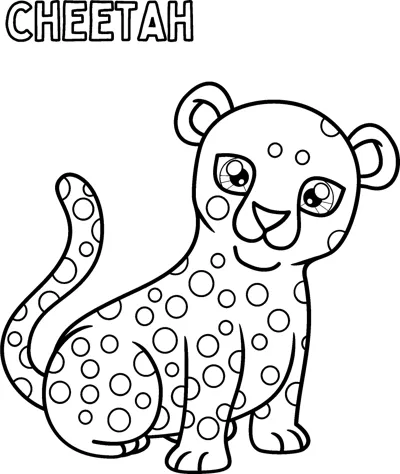 A spotted cheetah cub sits with its tail curled, its name printed at the top.