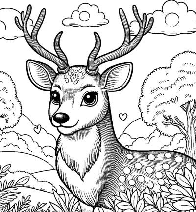 A deer with antlers rests among flowers and bushes with clouds and trees behind it.
