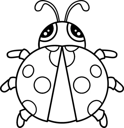 A round ladybug with big eyes and spotted wings faces forward under the word Ladybug.