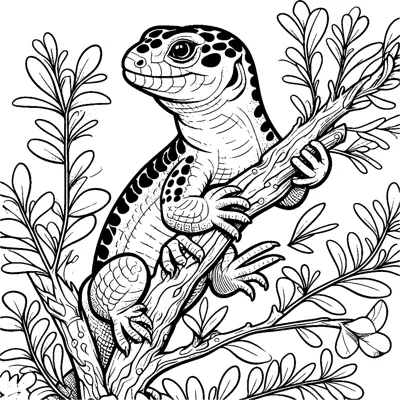 A spotted lizard clings to a branch surrounded by dense leaves and stems.