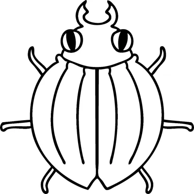 A beetle with striped wing covers and big eyes is seen from above under the word Beetle.
